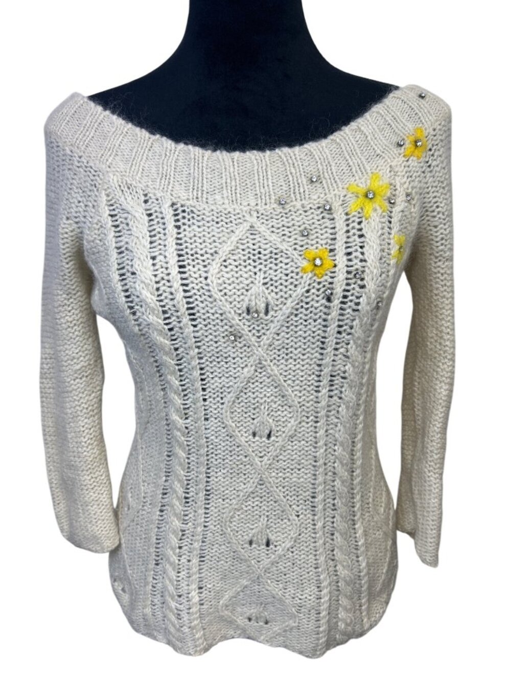Free People Women's S Cable Knit Sweater Boat Neck Floral Romantic Feminine